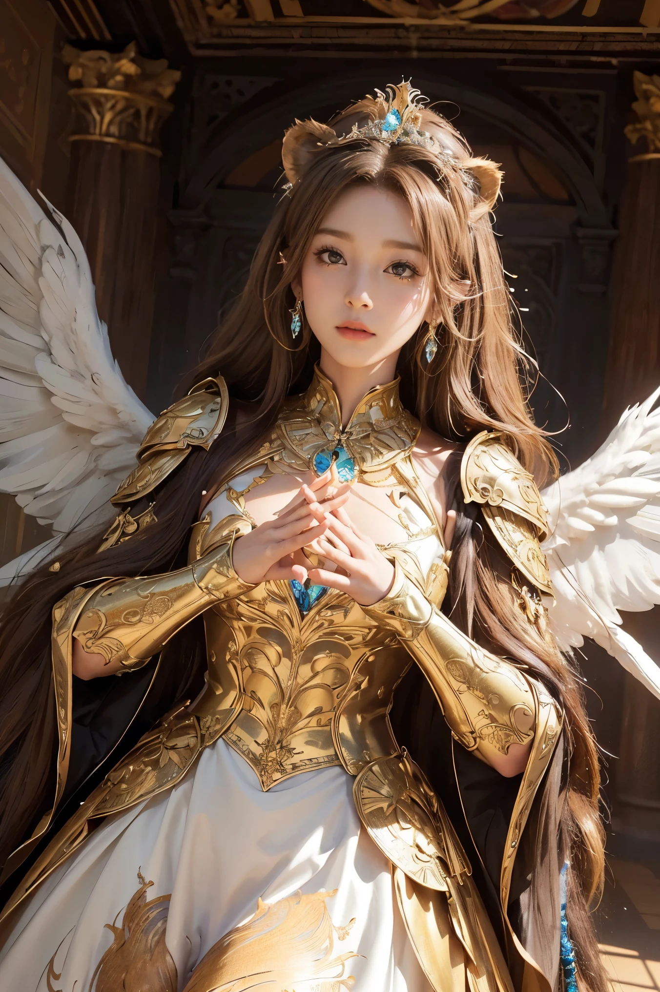 (Looking at this in an absurd way, high quality、32K , Highly detailed skin、Giant angel wings、A fusion costume of gorgeously patterned dress and armor, beautifully detailed、Cute pose)、(Light Brown Hair)、The Lion Queen、Hair Access、(((Lion's Ears)))、Tattoo、Queen、(masterpiece, 最high quality, 最high quality, Official Art, Beauty and aesthetics: 1.2), (One person: 1.3)、Moon Background