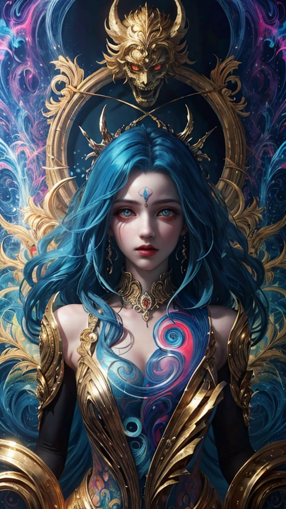 1girl, blue hair, (golden eyes), visionary art style, psychedelic trippy art, outdoors, vibrant color, masterpiece 8k wallpaper, art photography, UHD