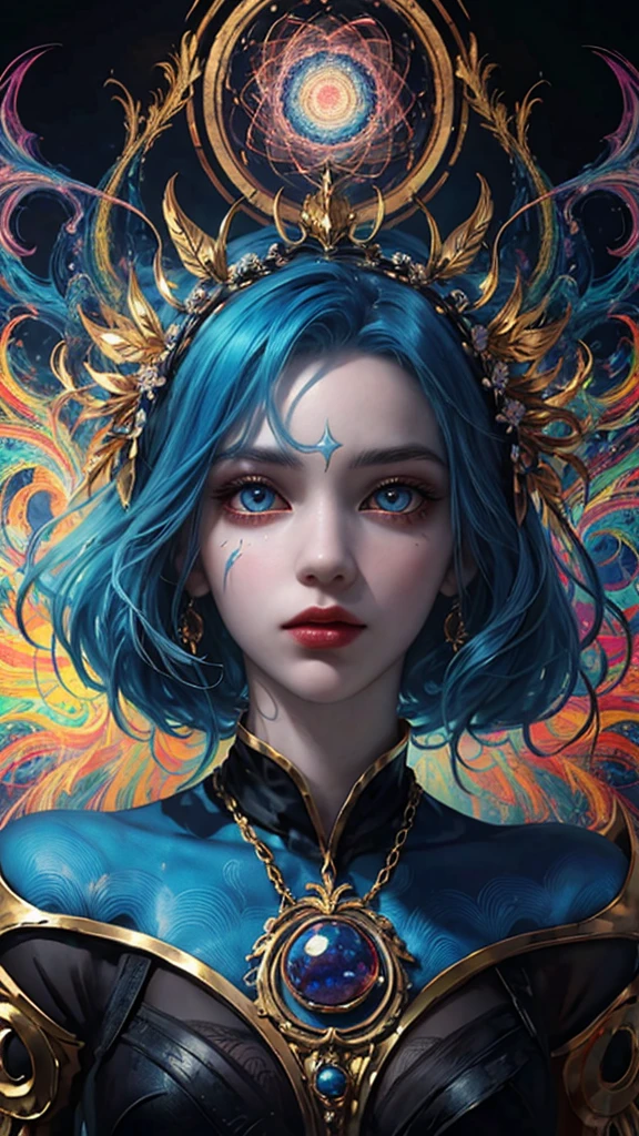 1girl, blue hair, (golden eyes), visionary art style, psychedelic trippy art, outdoors, vibrant color, masterpiece 8k wallpaper, art photography, UHD