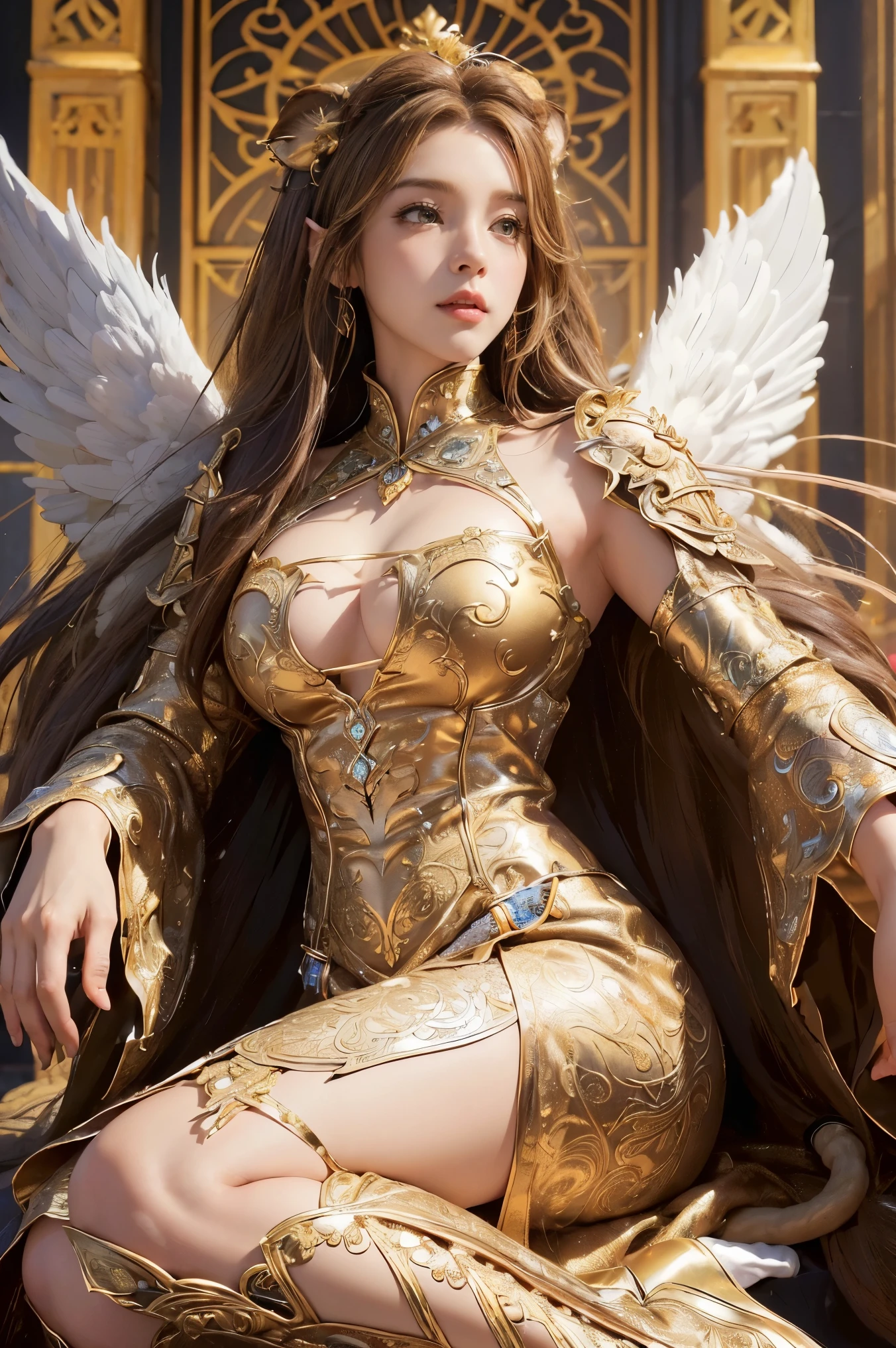 (Best quality), (8k, 32k), (Masterpiece, UHD:1.3), (Photo of glamorous), (realistic), (ultra-detailed) (Stunning girl), (ultra high res), (photorealistic:1.4), (base house wife 1woman19years spanish), (abs slender figure), (Huge breasts :1.2) (perfect body :1.2), (ultra-detailed face), (detailed lips), (detailed eyes), (double eyelid), (perfect boobs), (big boobs), (voluptuous), (huge tits), (slutty), (massive tits), (gigantic boobs), (giga tits), (fairer skin), (perfect body), (beatiful), (large areolae), (face happy), (face beatiful), (hair color brunette), (hair style loose curis), (style filmphoto), (view full body view), (action standing), (wearclothes body covered entirely with golden armored with wings), (location in the sky)