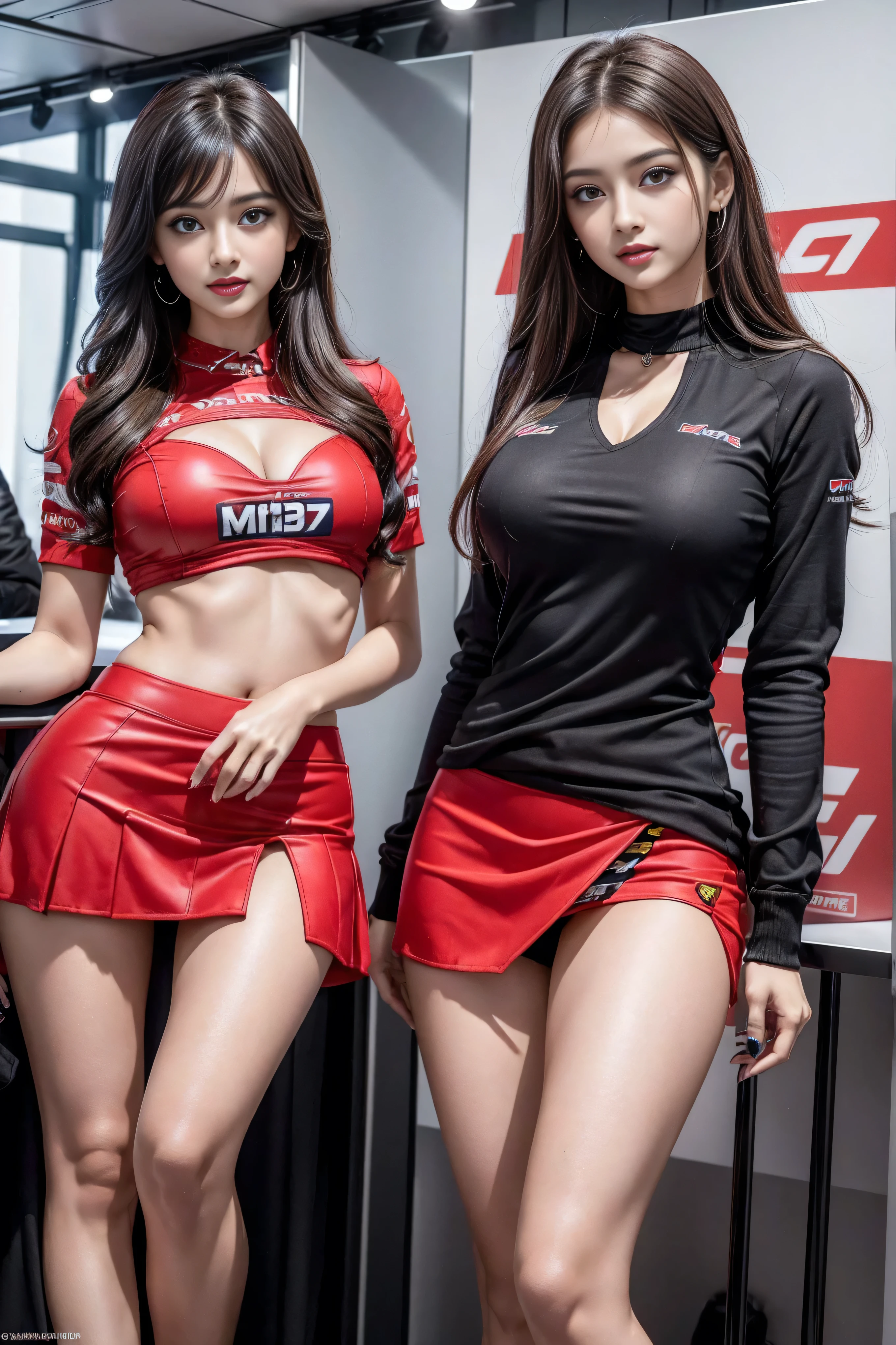 (masterpiece), ( MotoGP Racing Girls), (Eyeliner:0.5),(blush:0.5), Black Hair, A faint smile, Refers to a beautiful and delicate girl, Extremely detailed eyes and face, Beautiful and delicate eyes, , ((MOTOGP events)), (MotoGP track background), (best quality, high resolution, Reality, original, 8K,masterpiece, ),(((Dynamic poses))),(((Mid-abdomen peek))),(((Show under chest ))),(((Red Mini Skirt Lift))),(((Bare inner thighs))),(((Formula One car on display))), (Bright colors:1.2), (Beautifully),