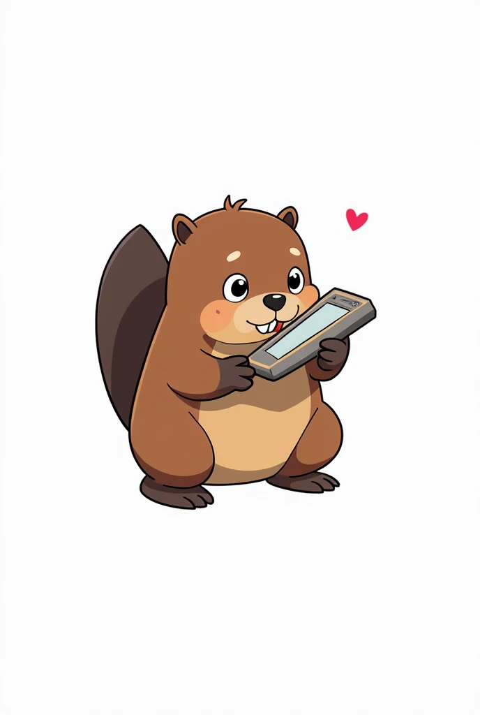 A beaver holding an old cell phone. In his hands an old brick model cell phone. Castor adorable, (masterpiece:1.2, Best Quality), (Very detailed), perfect anime illustration, bright, warm, showy, ghibli style
