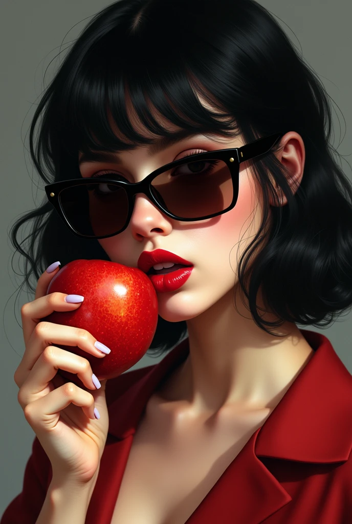 a young woman with black hair and red lipstick biting an apple, wearing sunglasses, black and white style, black hair, Social realism, Minimalism, Romanticism, Realism, chiaroscuro, UHD, high details, anatomically correct, high quality, highres