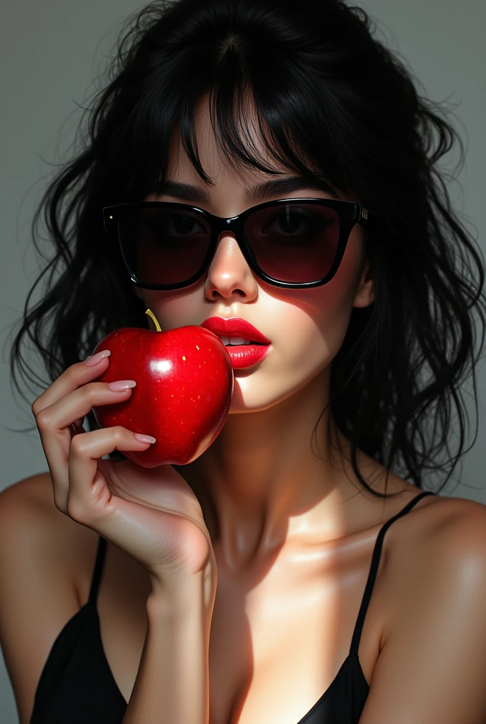 a young woman with black hair and red lipstick biting an apple, wearing sunglasses, black and white style, black hair, Social realism, Minimalism, Romanticism, Realism, chiaroscuro, UHD, high details, anatomically correct, high quality, highres