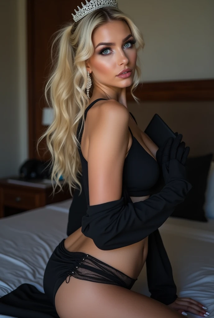 (((best qualityer))), highly detailed, high resolution. 25 year old female, blondie hair, clear green eyes, fleshy lips, heavy makeup black seamless leggings, nike socks over leggings, ((socks over leggings/ankles)), Converse shoes, luxury bedroom background, full - length portrait.

