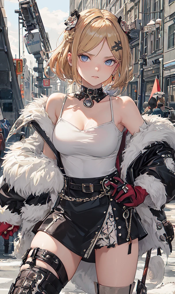 Abandoned industrial city in winter background,(White and light red,:2.0),Issued card,Standing in close-up,Dream world,Facial blemishes,(((Blonde Hair))),(((Short hair up to the shoulders))),(((Center-parted bangs))),(((Black rose hair ornament on one side))),(((Angry face))),(((Frowning))),(Slender blue eyes,Pink lipstick,Long eyelashes),gloves,pistol,Choker,(Fur coat),Torn and frayed combat uniform exposing the abdomen,Leather mini skirt,Caster wheel,belt:2.0),Fur Tube Top(Chokerー),Above-the-knee high-heeled boots,Strappy high heel boots,The legs have lots of straps,Detailed background