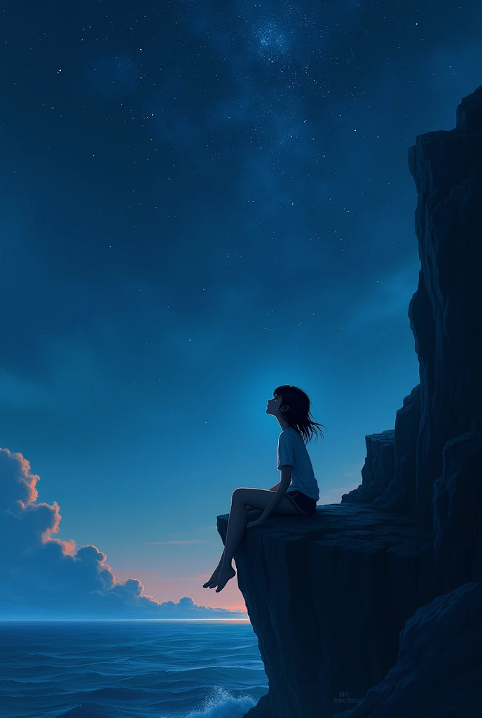 A girl sits watching the stars at night on a cliff
