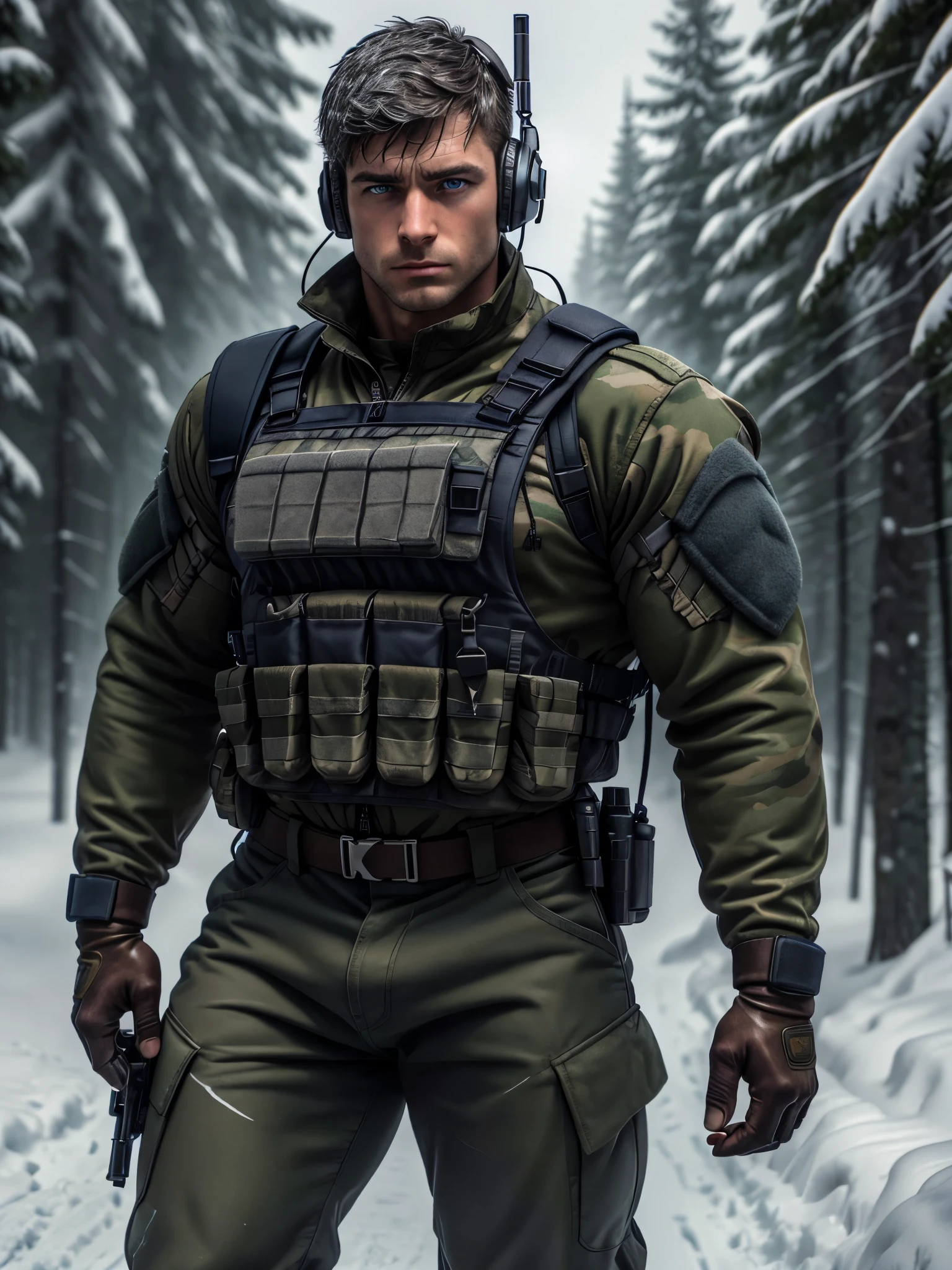 male soldier, British face, rude and angry expression, white skin, blue eyes, very short hair, wears military uniform, blue and gray camouflage uniform, bulletproof vest, headphones, communicator, cables, holds a rifle, black leather gloves, is outside a wild snowy Russian forest, night, dark night, low light, 4k, Ultra detailed image, realistic, Highly detailed, perfect composition, gorgeous, Intricately detailed, incredibly detailed, Art photography 8K, hyper detailed, Masterpiece, Ultra detailed, hyper realistic, 4k, Ultra detailed image, realistic, Highly detailed, perfect composition, beautiful, intricately detailed, incredibly detailed, art photography 8k, hyper detailed, masterpiece