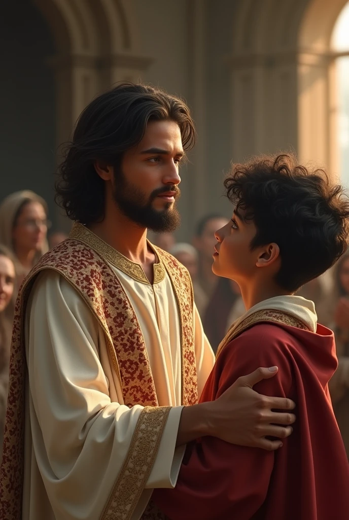 A young teenager of age, light tan, with short black curly hair and a medium defined jawline, with a priestly cassock next to Jesus Christ