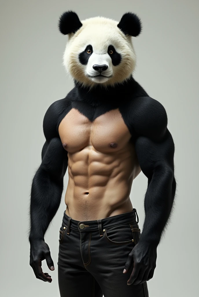 A shirtless man with a spotted panda head