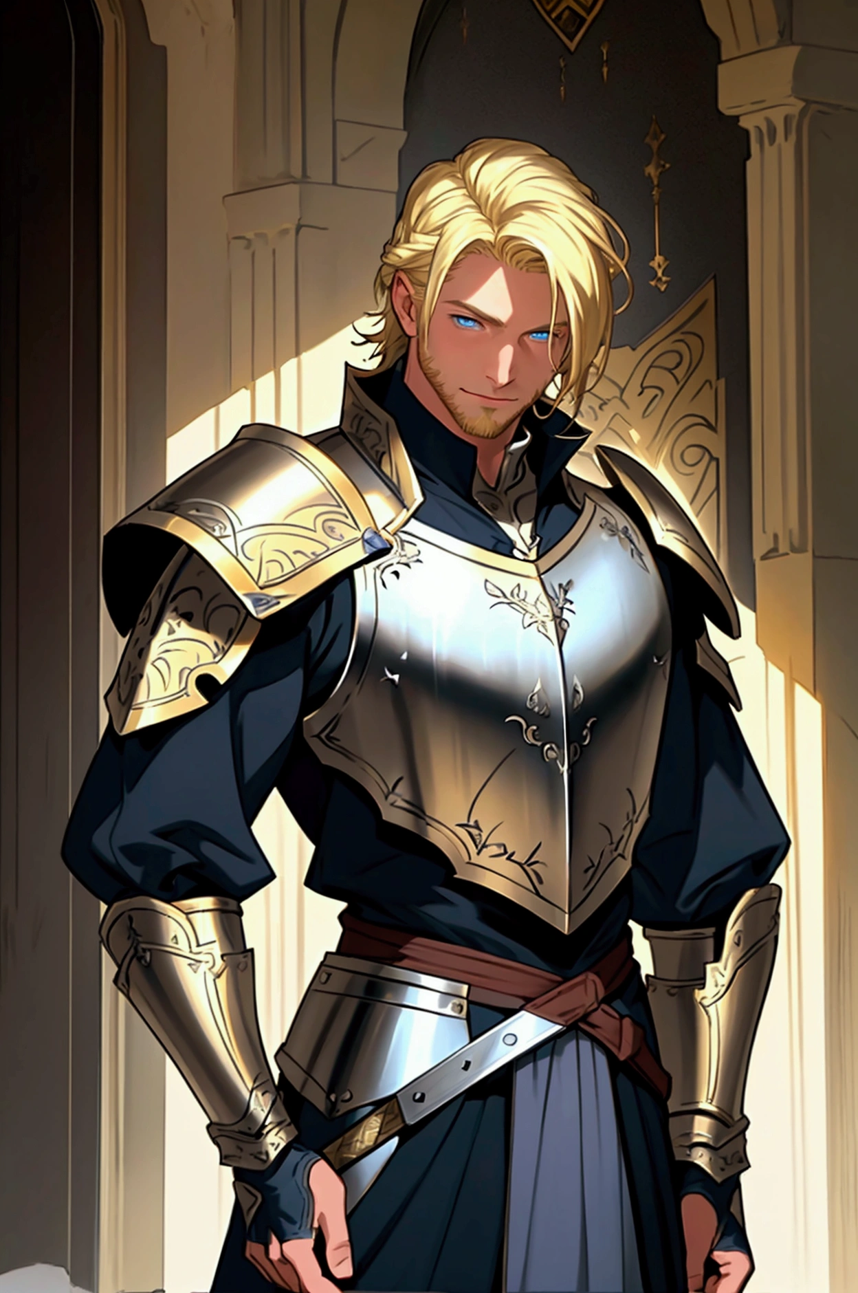 masterpiece, best quality:1.2), masterpiece, high quality, beautiful graphics, high detail, ultra detailed, cinematic lighting, HDR, ilustration, Man design, anime 4k, big shield, sword, blonde hair, blue eyes, cloth white, happy, poor man, medieval era, no armor, no beard