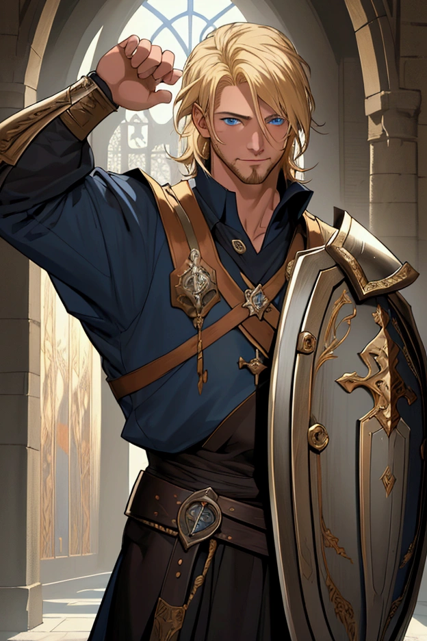 masterpiece, best quality:1.2), masterpiece, high quality, beautiful graphics, high detail, ultra detailed, cinematic lighting, HDR, ilustration, Man design, anime 4k, big shield, sword, blonde hair, blue eyes, cloth white, happy, poor man, medieval era, no armor, no beard