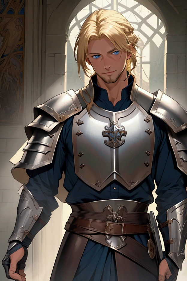 masterpiece, best quality:1.2), masterpiece, high quality, beautiful graphics, high detail, ultra detailed, cinematic lighting, HDR, ilustration, Man design, anime 4k, big shield, sword, blonde hair, blue eyes, cloth white, happy, poor man, medieval era, no armor, no beard