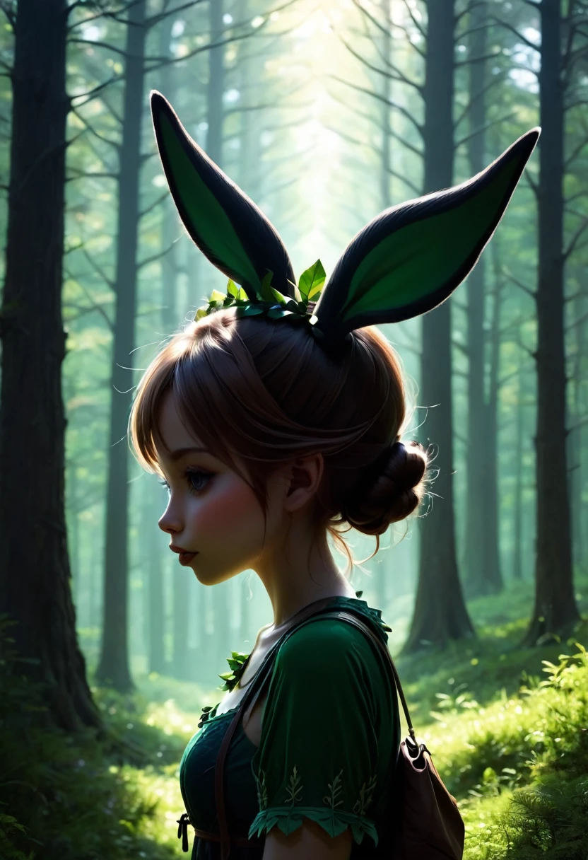 1girl ,silhouette,rabbit ears,double bun,elf,forest