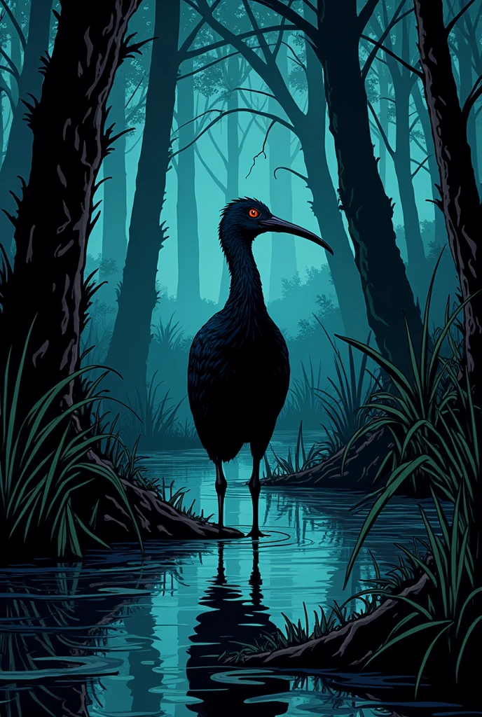 comic: BLACK BIRD ARAMUS GUARAUNA ON A SWAMP AT NIGHT