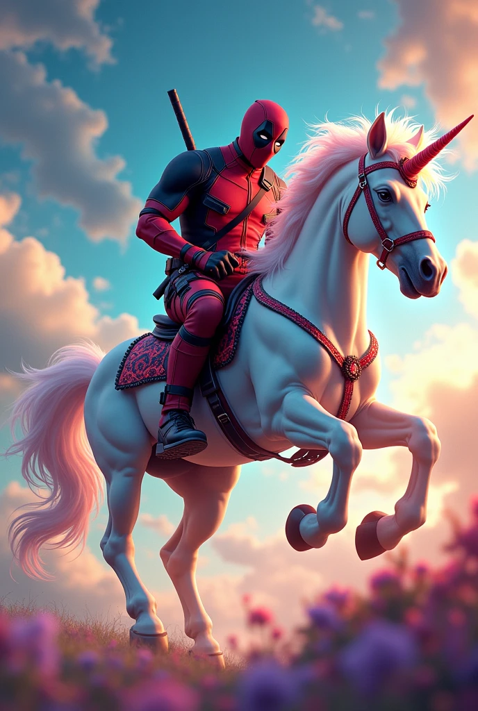 Deadpool riding a magical colorful unicorn