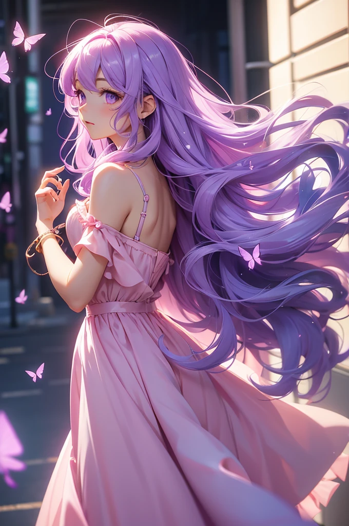 Pastel purple hair Wavy Long Hair Purple Eyes Beauty Pink dress beautiful Glowing Butterfly々 Fluttering Hair