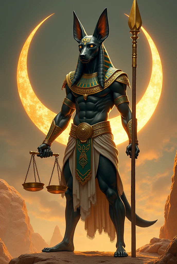 Anubis full-length, black skin, Doberman ears in 1/2 head proportion, wearing Pharaoh's headdress, klaft on head, formidable and warlike, in armour, in gold and green, with scales in left hand, staff in right hand, on the background of the crescent moon in the desert, on the sides the symbols of Anubis,