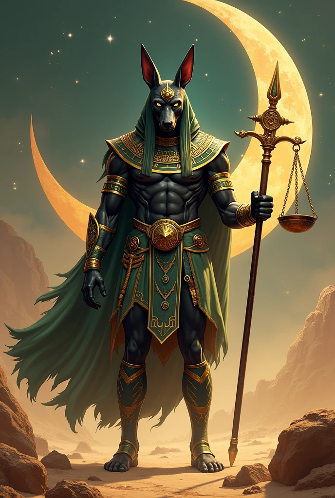 Anubis full-length, black skin, Doberman ears in 1/2 head proportion, wearing Pharaoh's headdress, klaft on head, formidable and warlike, in armour, in gold and green, with scales in left hand, staff in right hand, on the background of the crescent moon in the desert, on the sides the symbols of Anubis,