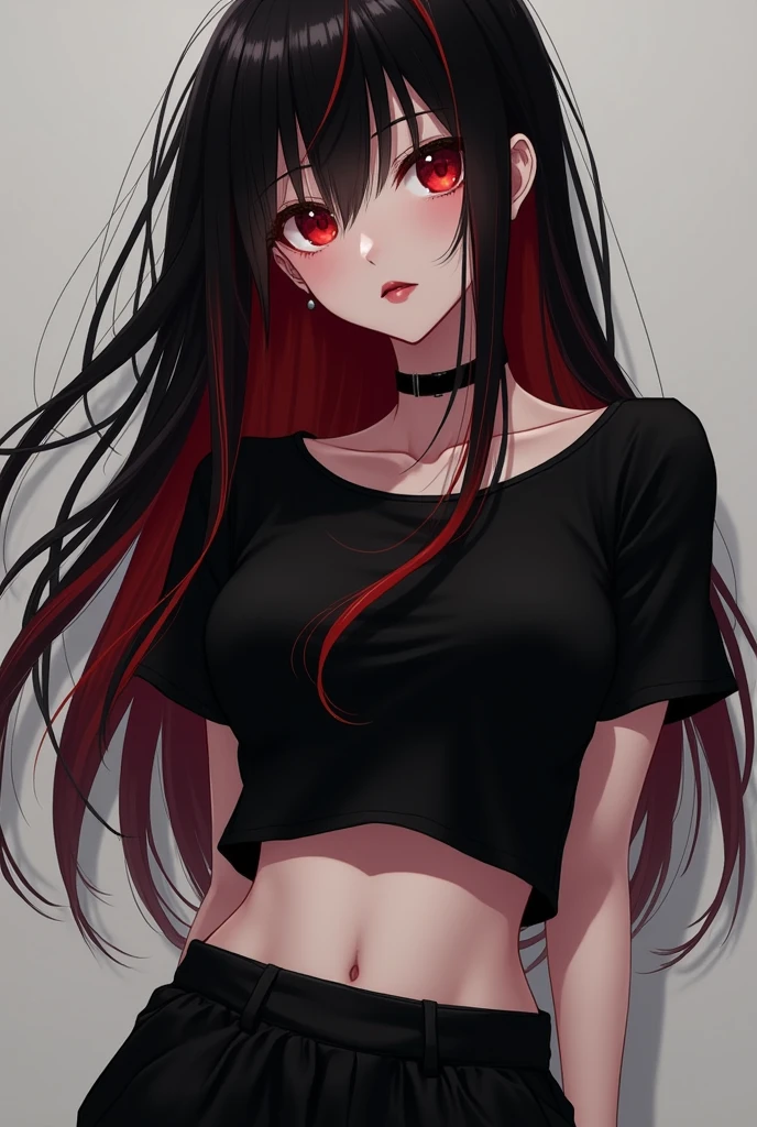 anime girl, with black hair and red highlights, without bangs her hair is long, His eyes are large and deep red, Her lips are black and her eyeliner is also black.. She is wearing a black crop top and black baggy pants and a light blush on her cheeks and the tip of her nose.