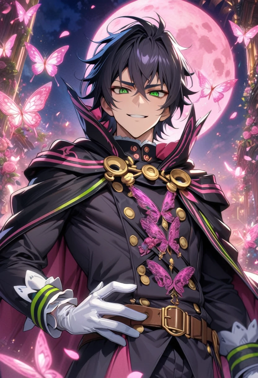 absurdres, highres, ultra detailed, HDR, masterpiece, extremely detailed, detailed eyes, detailed face, Hyakuya Yuuichirou, black hair, expressive green eyes, Owari No Seraph, solo, sexy man, adult face, mature man, handsome, smile, black clothes, black cape, white gloves, long sleeves, brown belt, patterns, pink roses, pink petals, fantasy, magical, pink moon, pink glittering butterflies, pink round lights