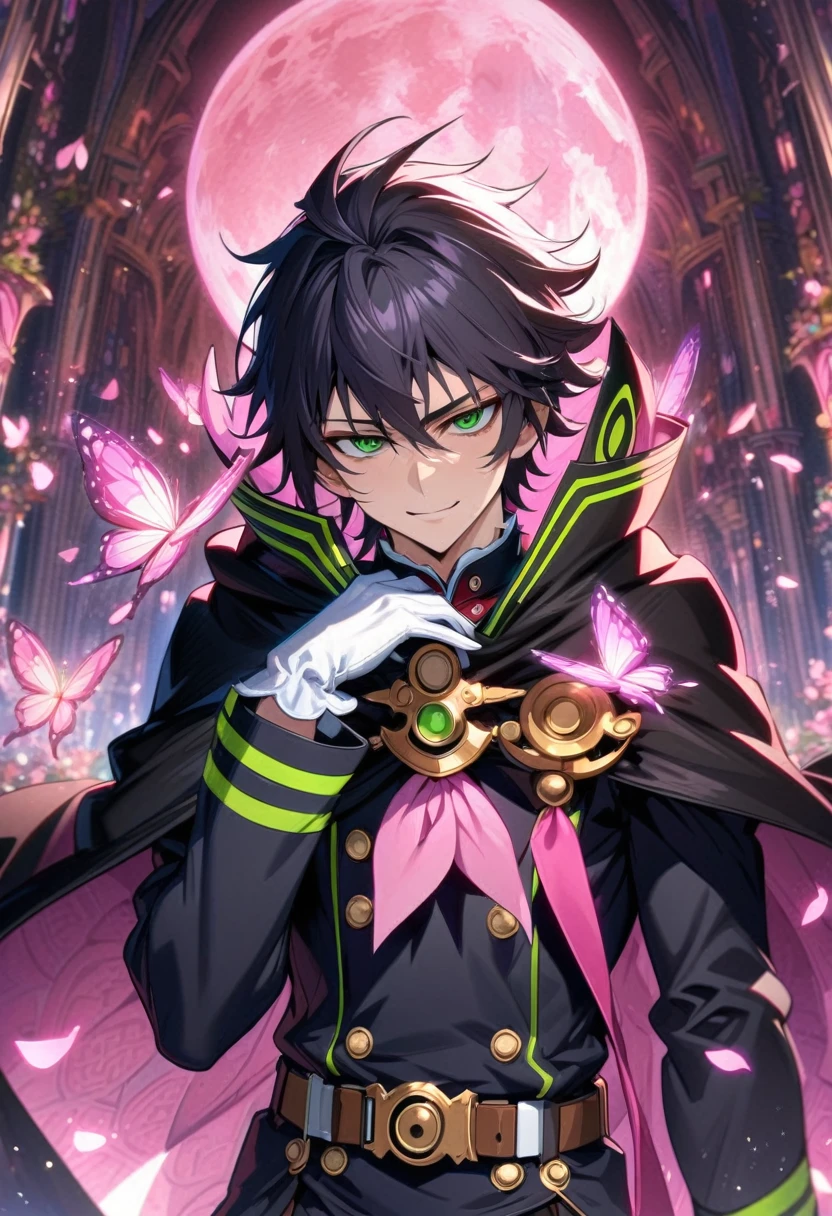 absurdres, highres, ultra detailed, HDR, masterpiece, extremely detailed, detailed eyes, detailed face, Hyakuya Yuuichirou, black hair, expressive green eyes, Owari No Seraph, solo, sexy man, adult face, mature man, handsome, smile, black clothes, black cape, white gloves, long sleeves, brown belt, patterns, pink roses, pink petals, fantasy, magical, pink moon, pink glittering butterflies, pink round lights
