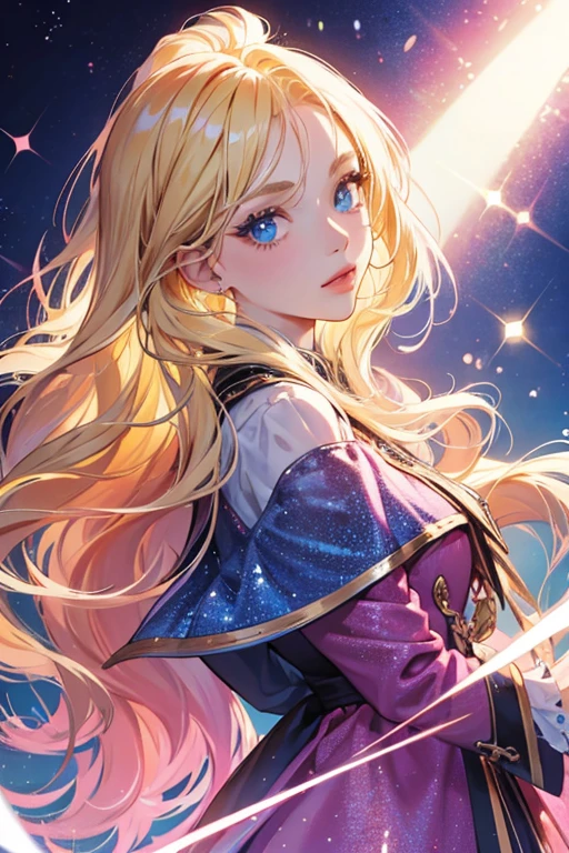She has long blonde hair with pink ends and blue eyes. SPARKLE; GLITTER