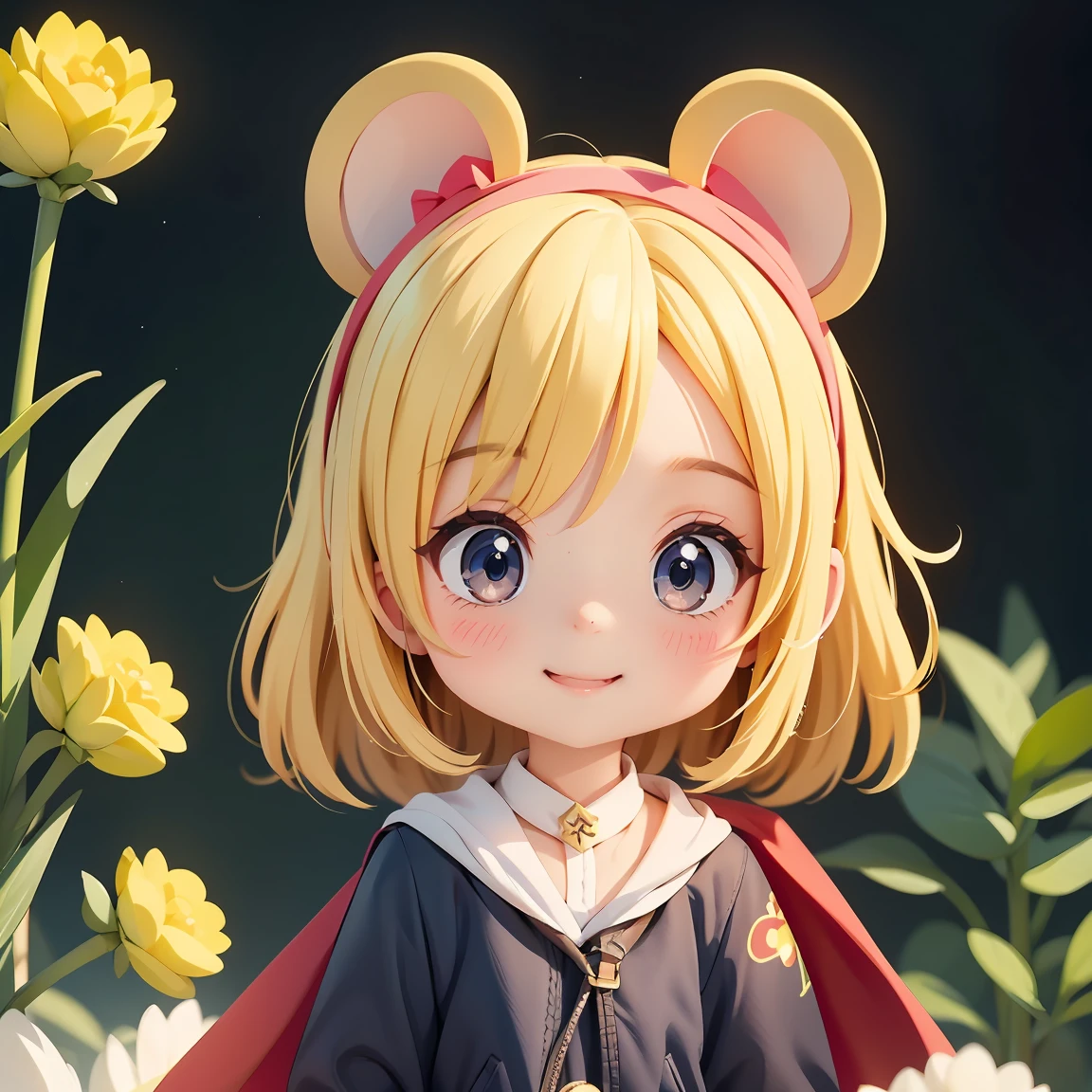 Super Chibi Character：1.8、Blonde Hair、Cute  girl、Cute Costumes、Super Chibi Character：1.8、Super Smile、Wearing a mouse ear headband