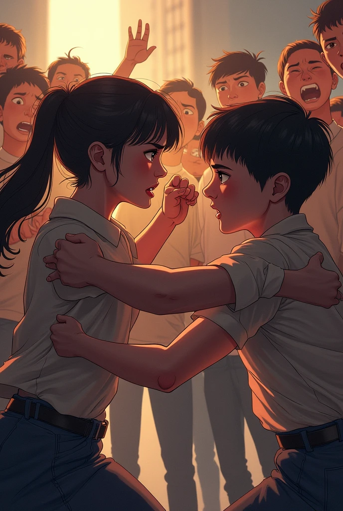 a girl punching a boy in the face with everyone shocked