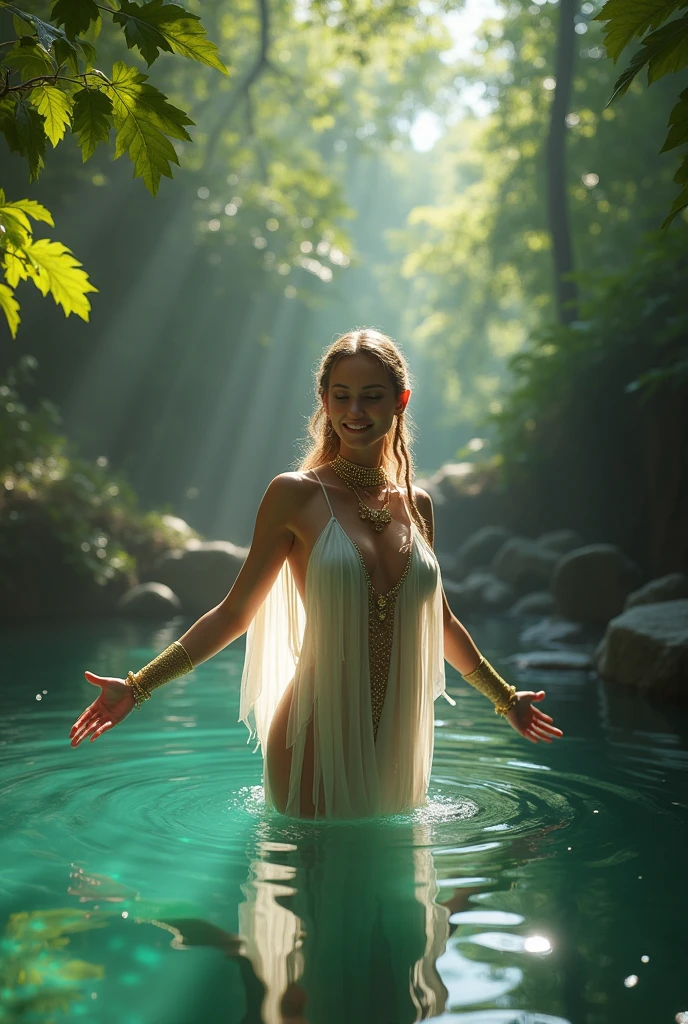 (Best quality, 8k, 32k, Masterpiece, UHD:1.2) water nymph welcomes you to her private lagoon, deep in the woods, jewelry, clothed, sfw, central europe, closeup, smile, 