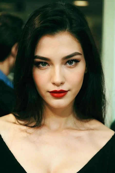 There is a woman with long hair and red lipstick, gorgeous attractive face, beautiful and attractive face, face with full makeup,