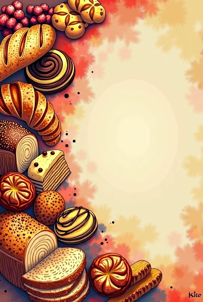 Create a background image for a login screen for a bakery website that refers to breads and pastries and cakes, that only has drawings on the left side, must be in 1440 x 1024 format, use red tones, yellow and brown