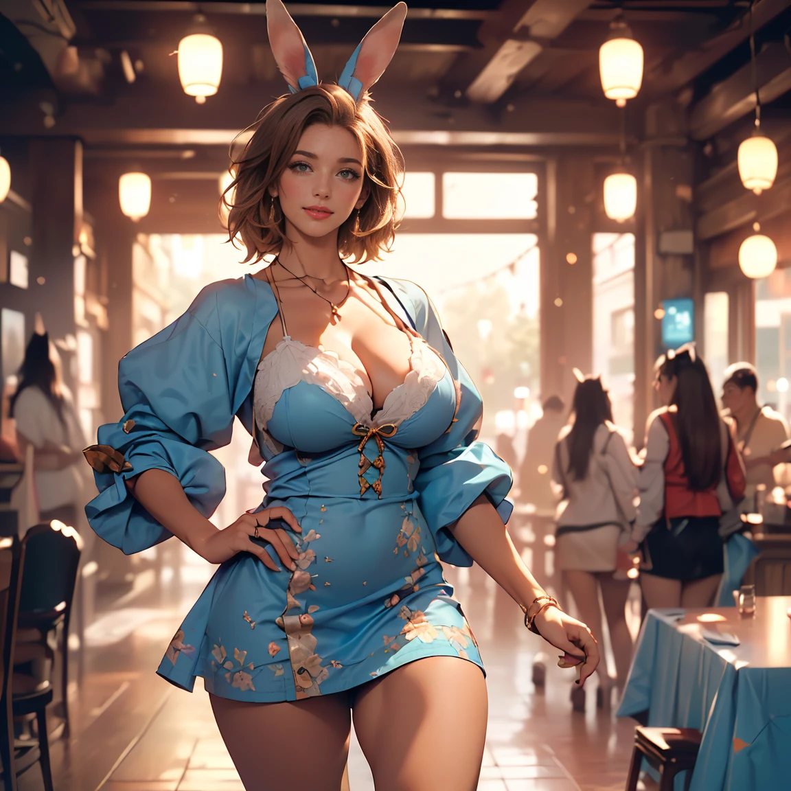 (masterpiece:1.0), (best_quality:1.2), (dark shot:1.3), Pretty Caucasian (female), Sarah Shahi, a slim but muscular body, huge breasts, dark brown messy hair, blue eyes, ((bright red lipstick)), ((seductive smile)) ((big bright blue eyes looking towards the viewer)) ((short messy dark brown hair)) ((big breasts:1.6)) ((slender body:1.3)) ((alice in wonderland costume:1.6, (sky blue puffed sleeve short micro mini dress(ultra mini dress, very very very very very short dress exposing panties)、bunny ears、((beautifull exposed long thighs))、1 girl, Only 1 girl, light source from front, (realism: 1.5), (Realistic: 1.4), (Absurdity:1.4), 8k, ultra-detailed, Detailed Beautiful Woman, official art, extremely detailed CG unity 8k wallpaper, perfect lighting, Colorful, ultra high res, photography, 8K, HDR, Kodak portra 400, film grain, blurry background, (bokeh:1.2), (vibrant_color:1.2), film grain:1.2, (warm hue, warm tone:1.2), (color photo), professional photograph, view from bottom