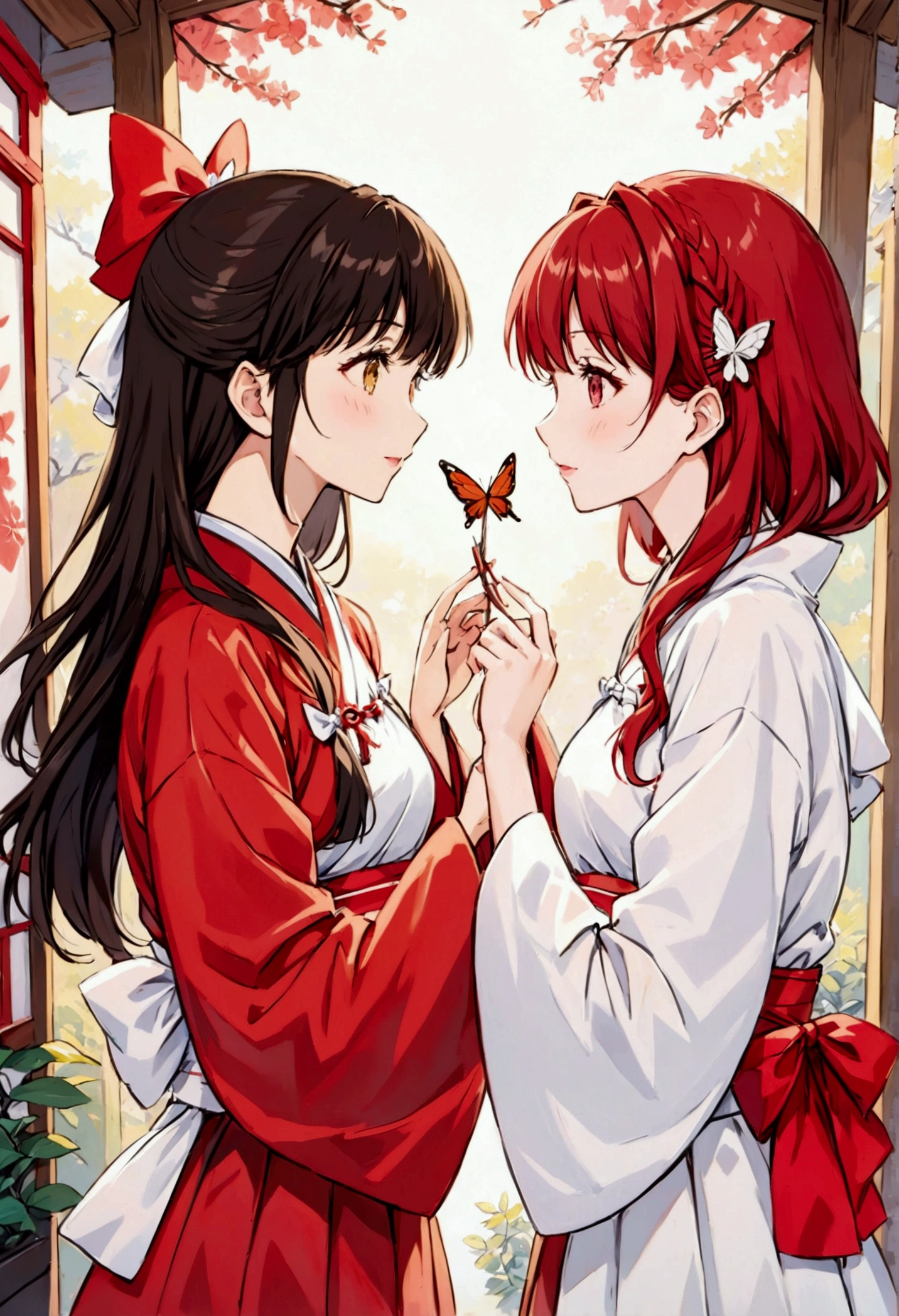 Facing each other Reimu Hakurei and Yukari Yakumo in love shrine butterfly々