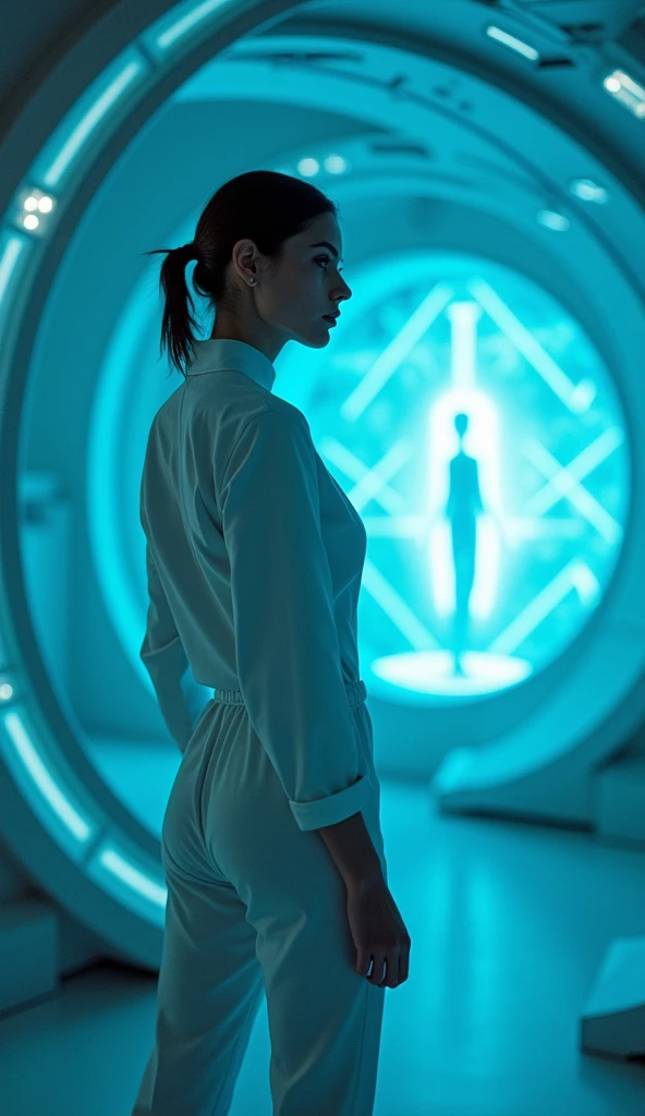 in the style of a Blue vintage photograph, a clean and crisp Spacecraft setting. The model is front-facing. Projecting thoughts into a hologram. The scene features high contrast, creating an intimate and timeless mood. Medium format photography, shot with a Leica Summilux-M 35mm lense at f1.4 spanish model motion_blur