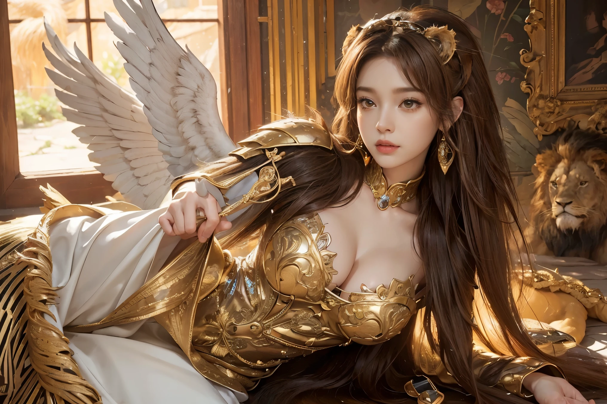 (Looking at this in an absurd way, high quality、32K , Highly detailed skin、Giant angel wings、A fusion costume of gorgeously patterned dress and armor, beautifully detailed、Cute pose)、(Light Brown Hair)、The Lion Queen、Hair Access、(((Lion's Ears)))、Tattoo、Queen、(masterpiece, 最high quality, 最high quality, Official Art, Beauty and aesthetics: 1.2), (One person: 1.3)、Moon Background