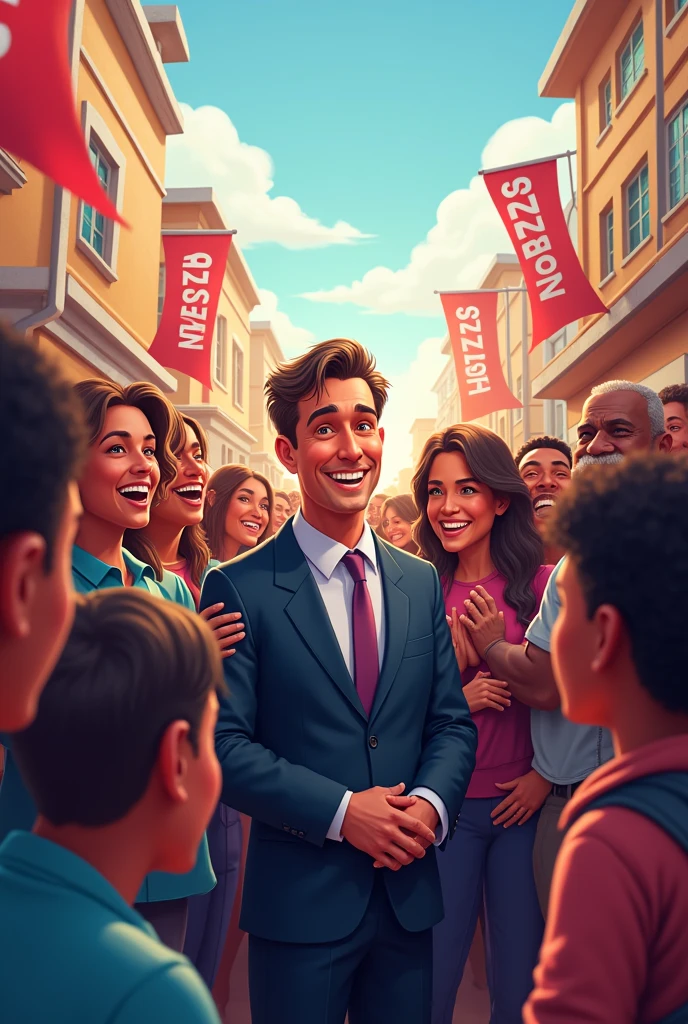 "A vibrant and welcoming scene from a political campaign, showing Anderson in the middle of a group of smiling and excited supporters. Anderson is in the spotlight, with a friendly and confident expression. The number '15123' is clearly visible on banners and promotional material around, standing out in the environment. The background should show a community atmosphere, with people hugging each other and expressing support, to convey a feeling of connection and love between Anderson and the population."