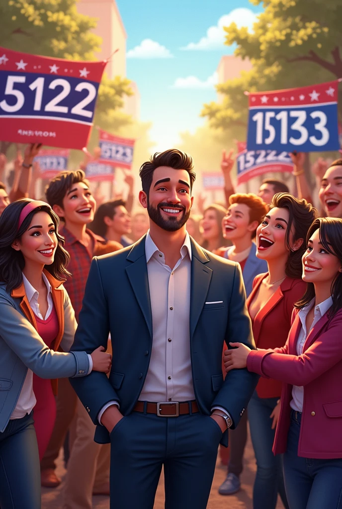 "A vibrant and welcoming scene from a political campaign, showing Anderson in the middle of a group of smiling and excited supporters. Anderson is in the spotlight, with a friendly and confident expression. The number &#39;15123&#39; is clearly visible on banners and promotional material around, standing out in the environment. The background should show a community atmosphere, with people hugging each other and expressing support, to convey a feeling of connection and love between Anderson and the population."
