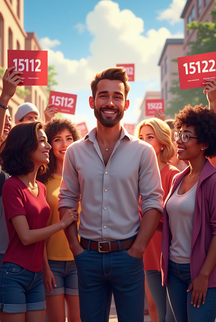 "A vibrant and welcoming scene from a political campaign, showing Anderson in the middle of a group of smiling and excited supporters. Anderson is in the spotlight, with a friendly and confident expression. The number '15123' is clearly visible on banners and promotional material around, standing out in the environment. The background should show a community atmosphere, with people hugging each other and expressing support, to convey a feeling of connection and love between Anderson and the population."