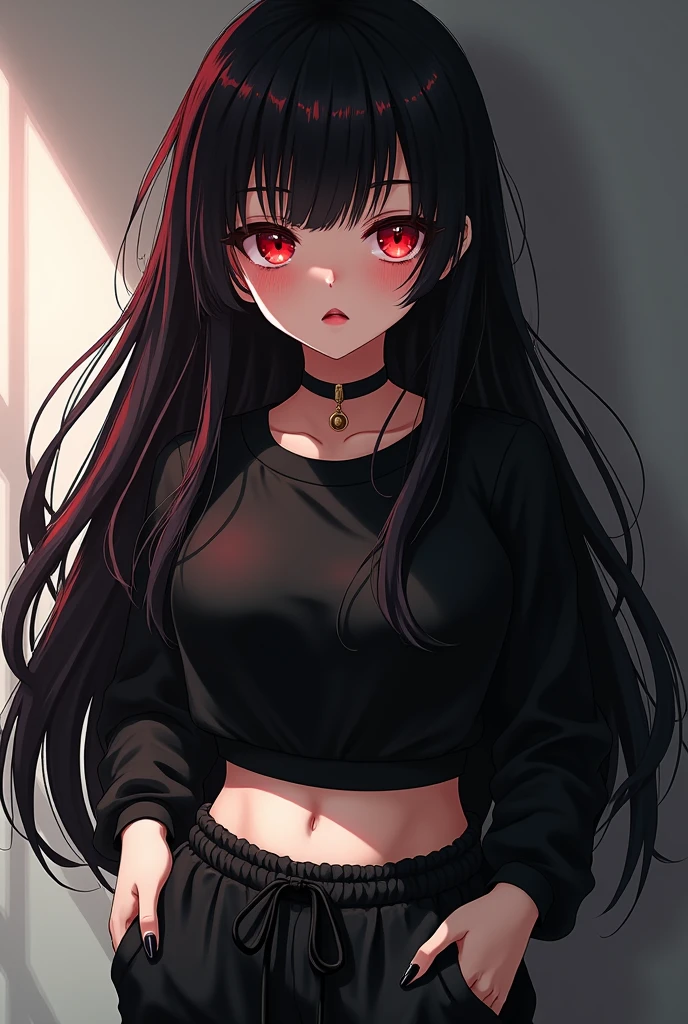 anime girl, with black hair and red highlights, without bangs her hair is long, His eyes are large and deep red, Her lips are black and her eyeliner is also black.. She is wearing a black crop top and black baggy pants and a light blush on her cheeks and the tip of her nose.