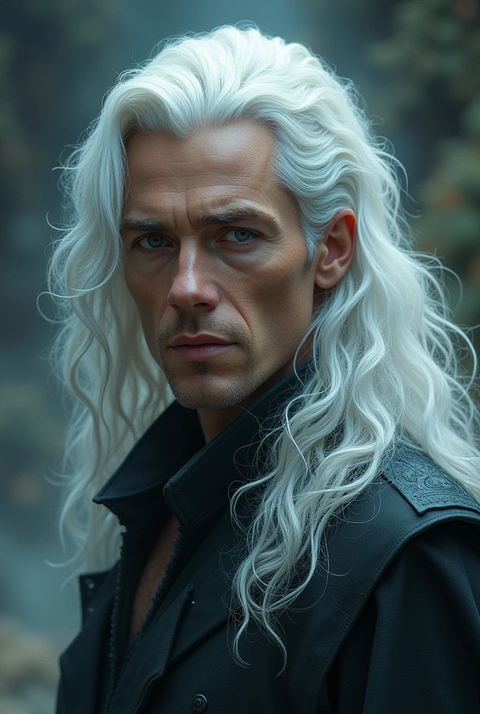  male character with long, slightly curly white hair

