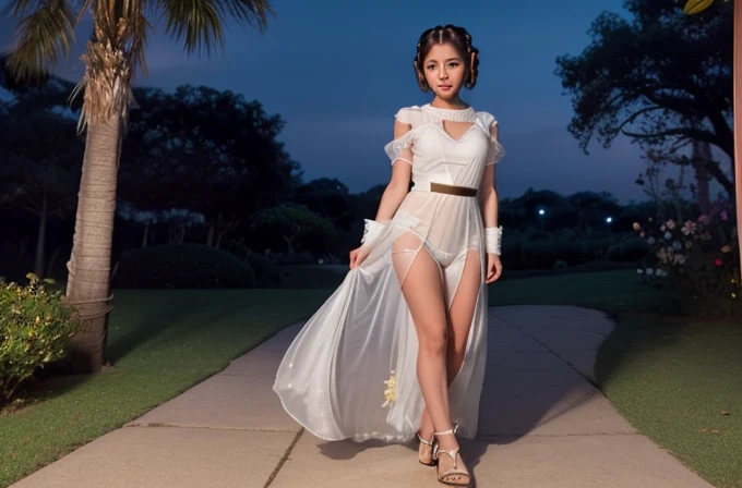 A cute Yuna (princess Leia cosplay, iconic hairdo, airy sheer white dress, no underwear, sandals) is strolling through an exotic flower garden, moonlit night
