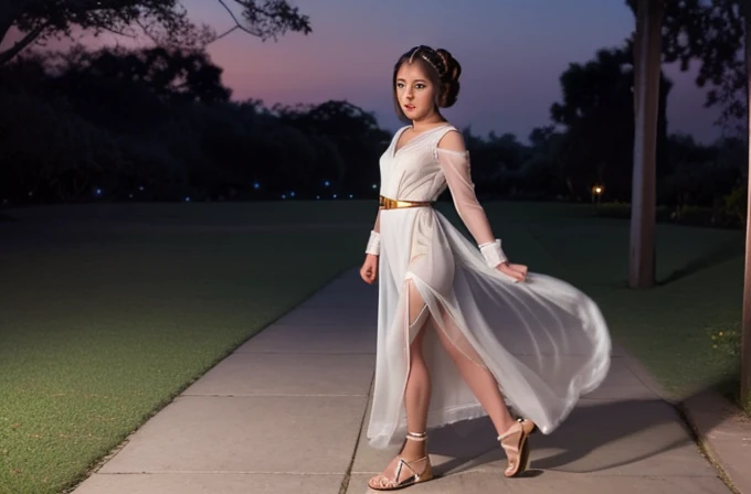 A cute Yuna (princess Leia cosplay, iconic hairdo, airy sheer white dress, no underwear, sandals) is strolling through an exotic flower garden, moonlit night
