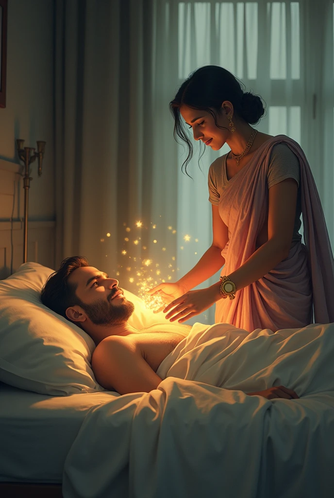 Visualize man lying in bed, but there's a soft, hopeful light around him. His wife, beautiful and independent woman, dressed in a traditional saree stands beside him, holding his hand with love and strength.