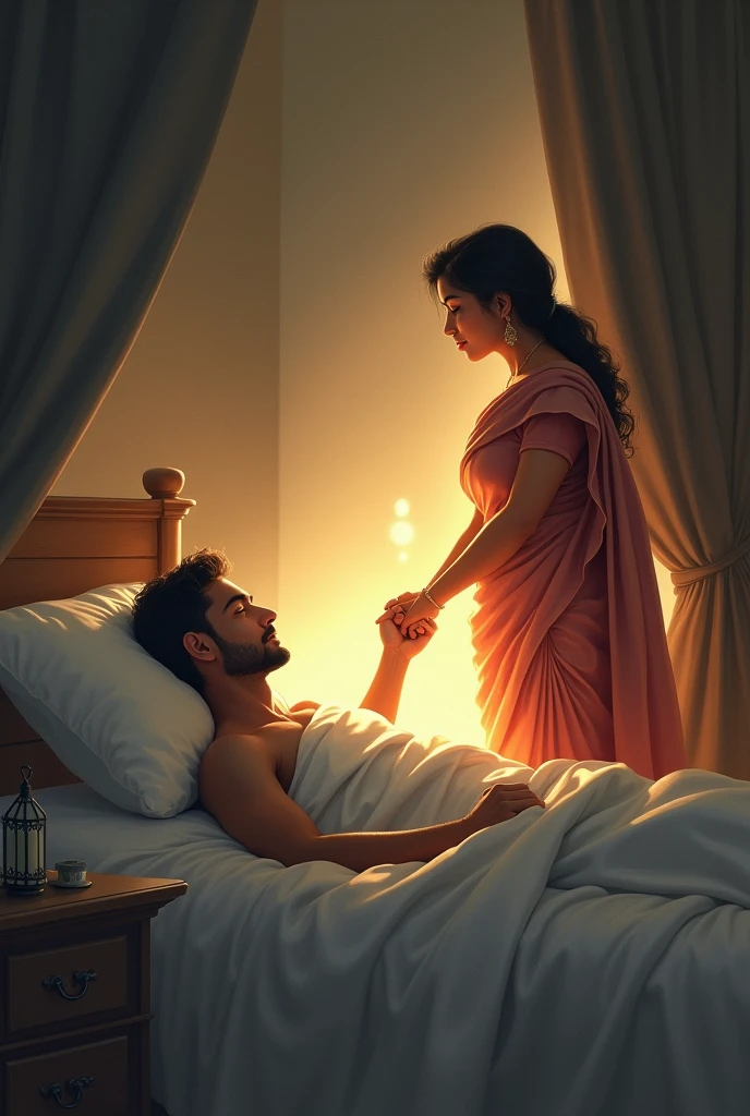 Visualize man lying in bed, but there's a soft, hopeful light around him. His wife, beautiful and independent woman, dressed in a traditional saree stands beside him, holding his hand with love and strength.