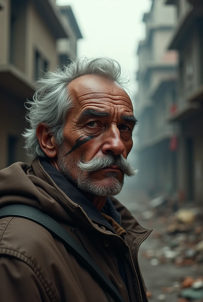 An old man with a mustache and a scar over his right eye and large slums in the background