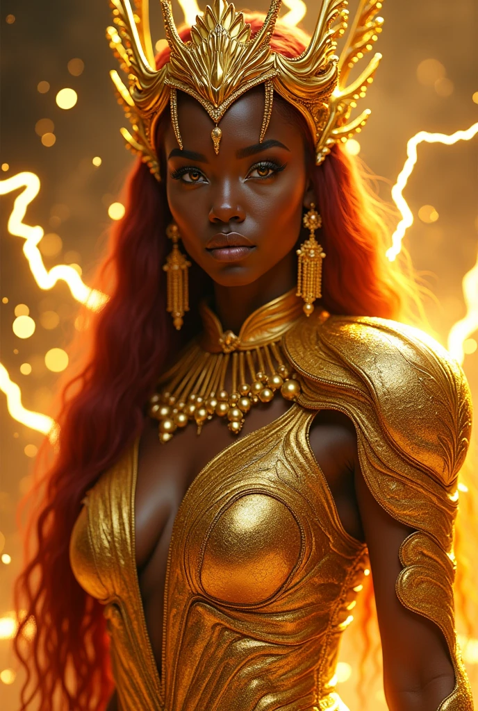Black woman. Upper Body encrusted in gold. Golden eyes. Sultry look. Long red hair that reaches her feet. Golden crown on head that reaches her forehead. Long golden earrings. Full Finger Chinese style gold rings. Filled with golden lightening. Ultra high quality.