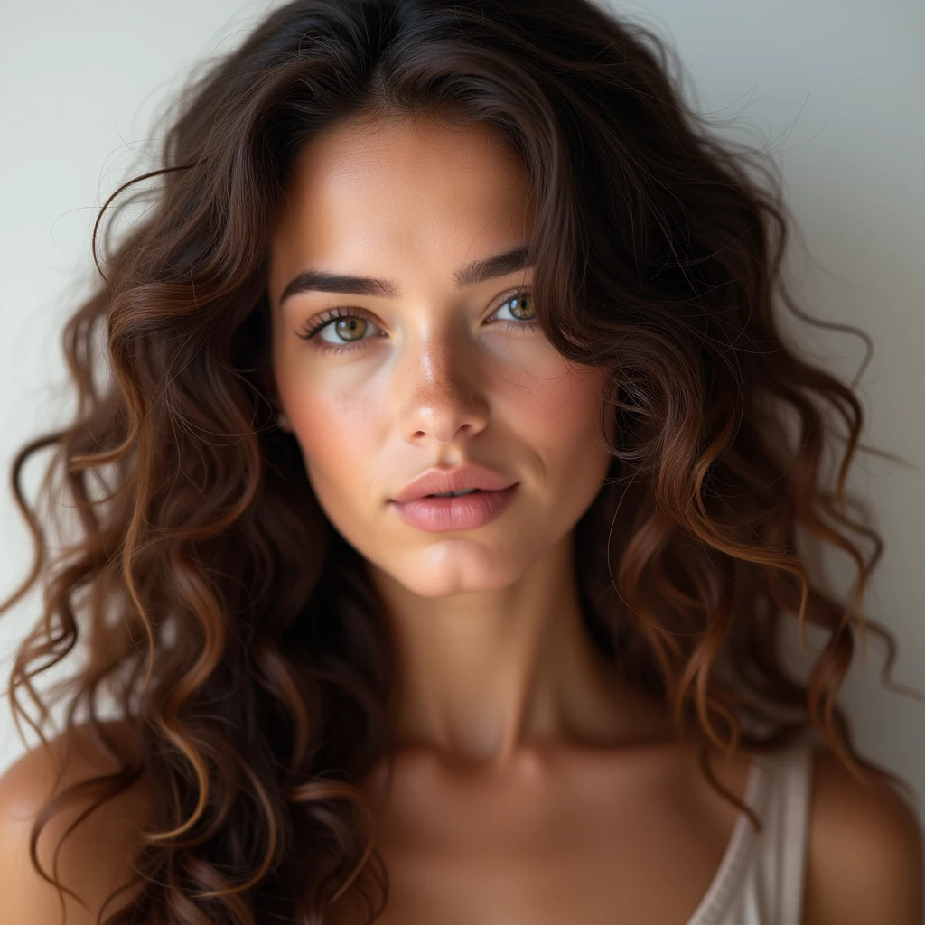 Long hair girl，Brown hair，curls，Beauty，Close-up of head，White background，Real People，