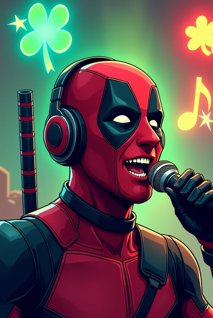 Deadpool with the symbol of lucky Trevor green, five star yellow and music symbol Blue Lucky. Singing karaoke . With headphones By: Sam Oca