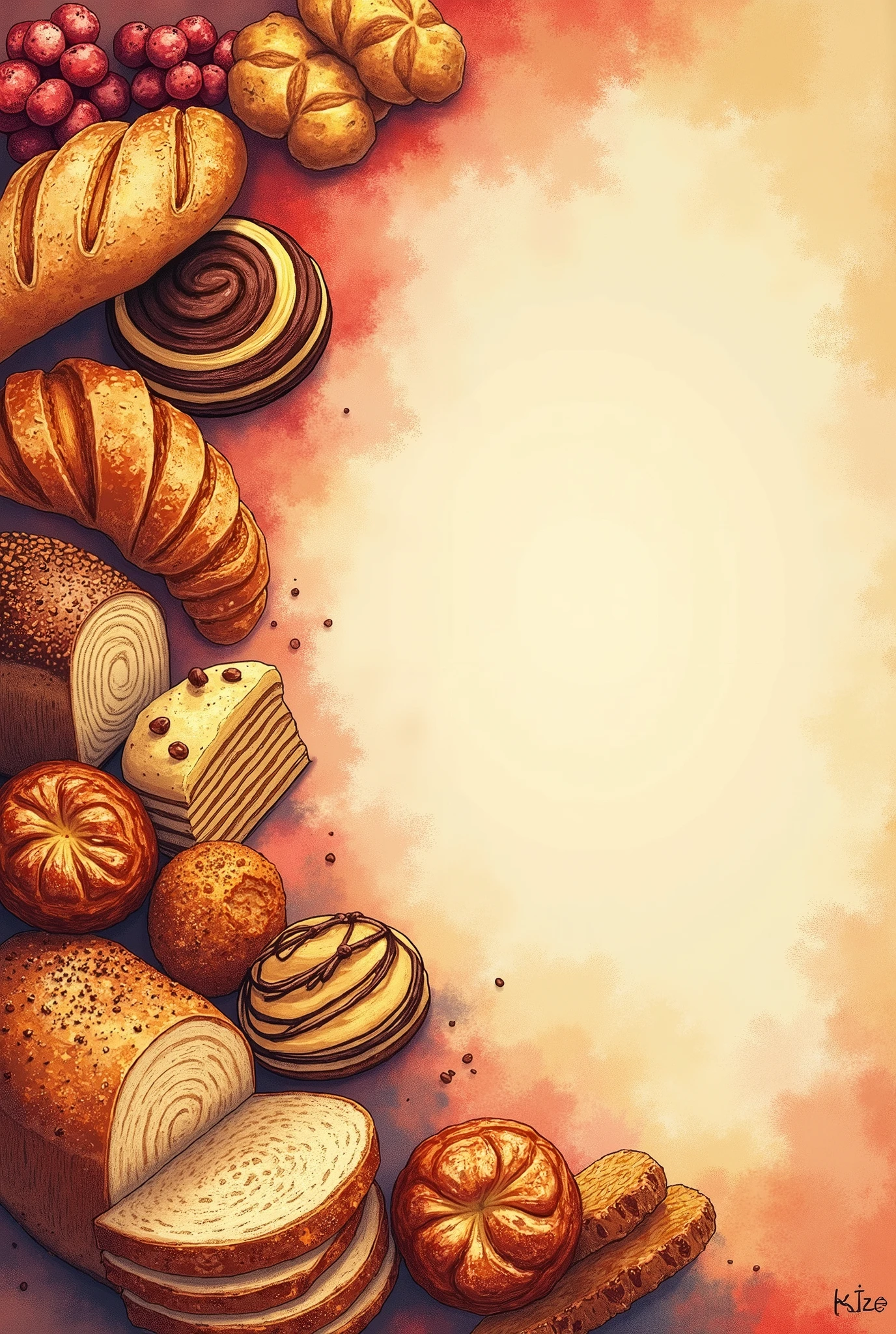 Create a background image for a login screen for a bakery website that refers to breads and pastries and cakes, that only has drawings on the left side, must be in 1440 x 1024 format, use red tones, yellow and brown